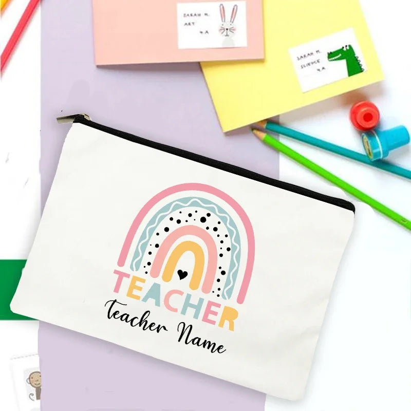 Rainbow Teacher Print Custom Name Personalized Supplies Storage Bags Travel Wash Pouch Makeup Bag Gifts Stationery Pencil Case