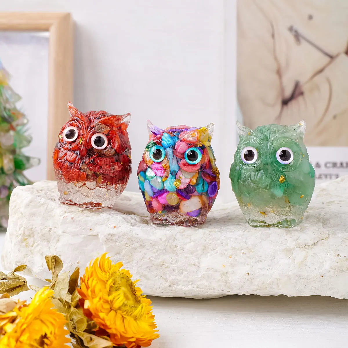 1PC Natural Crystal Macadam Owl Mini Resin Drops Cute Animal Image Reiki Healing Desktop Home Decor Crystal Crafts Small Decor