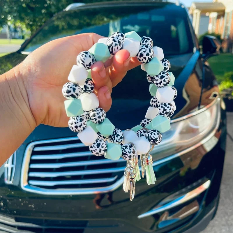 Heamsa  Bangle Mint White Cows Print Silicone Beads Cow Print MAMA Keychain Wristlet Fashion Bag Pendants Gifts for Women
