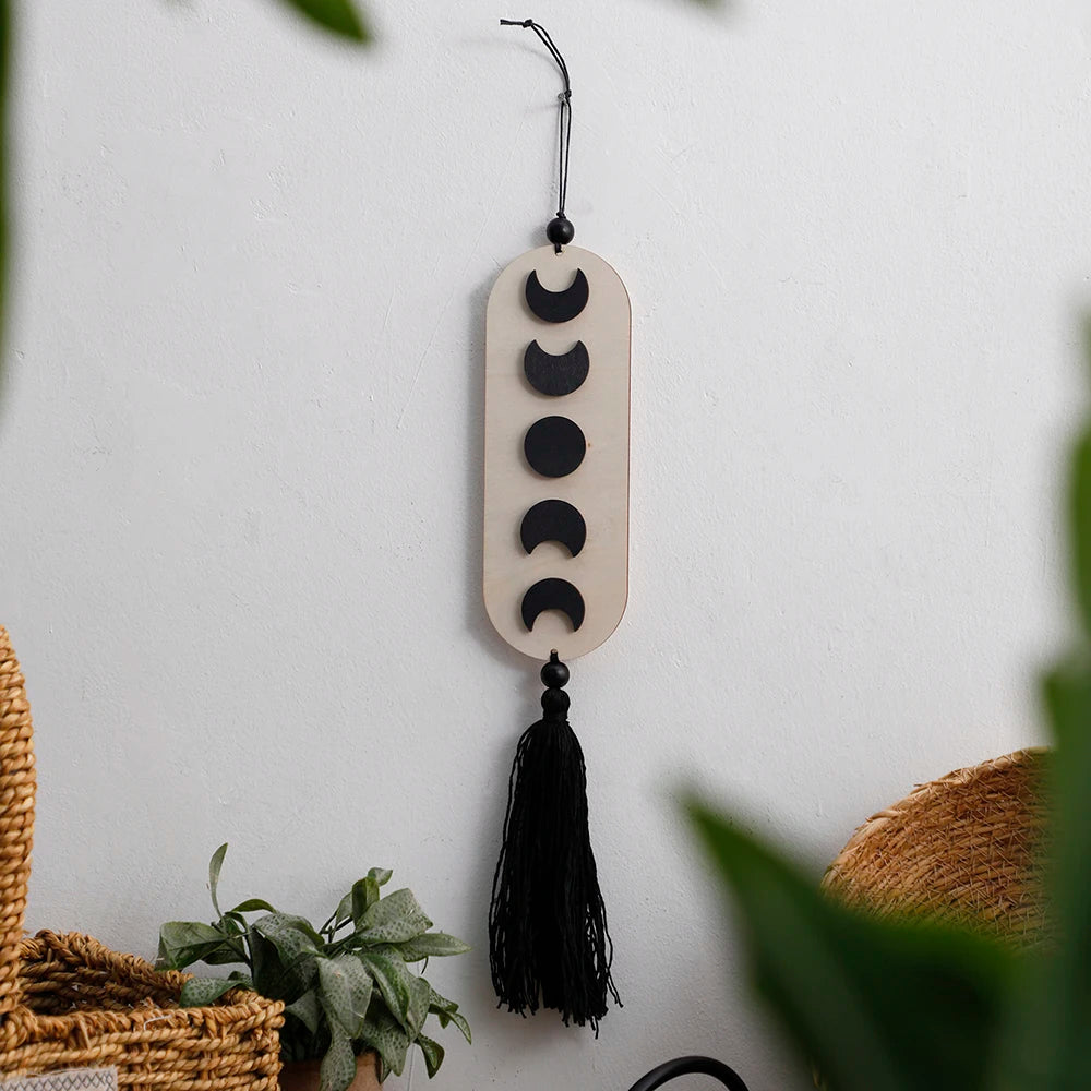 Hemasa Wooden Hanging Decor Moon Phase Boho Home Decoration Wall Hanging Decor Black Macrame Nordic Living Room Decor Asesthetic Art