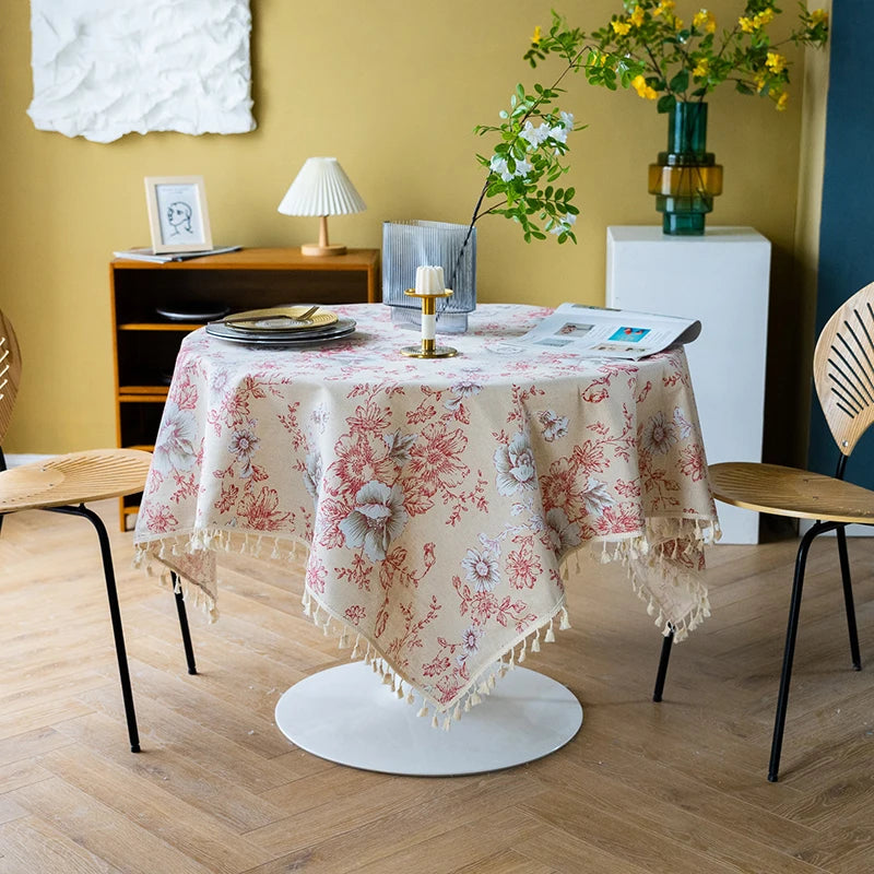 Green Leaves Print Round Tablecloth Cotton Linen Boho Table Cloth with Tassels for Kitchen Restaurant Christmas Party Decoration