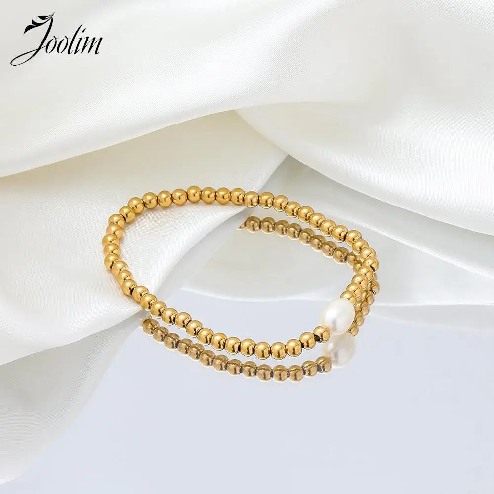 Joolim Jewelry Wholesale High End PVD No Fade Dainty Beads Pave Chain Stretchy Pearl Pendant Stainless Steel Bracelet for Women