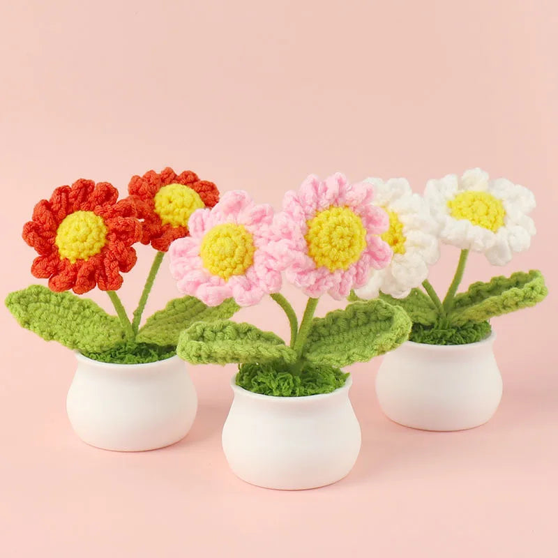 Hemasa Cute Daisy Crochet Flowers Potted Woven Flower Creative Artificial Flowers Car Office Table Decor Handwoven Plant Flor Tejida