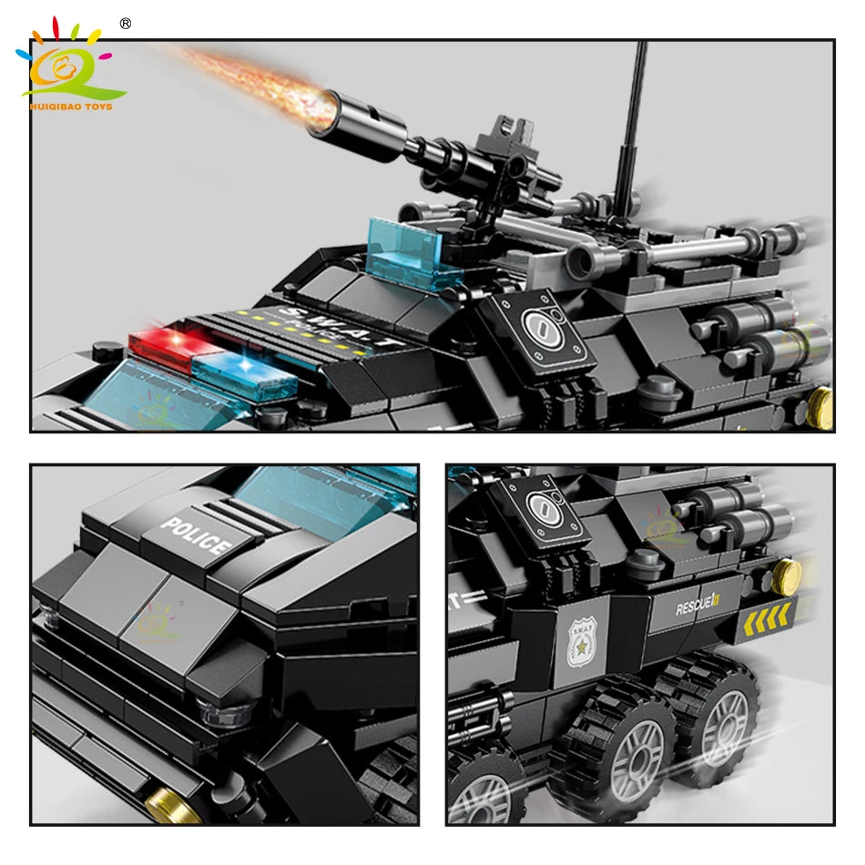 HUIQIBAO 371pcs 6in1 SWAT Police Truck Building Blocks City Construction Plane Car Bricks Set For Children Toys Kids Gift
