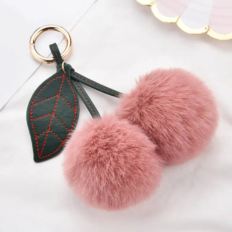 New Fashion Plush Cherry Keychains for Women Girls Fluffy Cartoon Rabbit Fur Ball Pompom Leaf Key Chains Rings Keyring Bag Gifts
