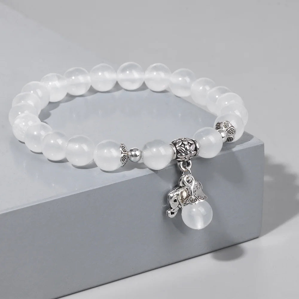 Hemasa  8mm Beads with Elephant Pendant Stretchable  Bracelet  For Women