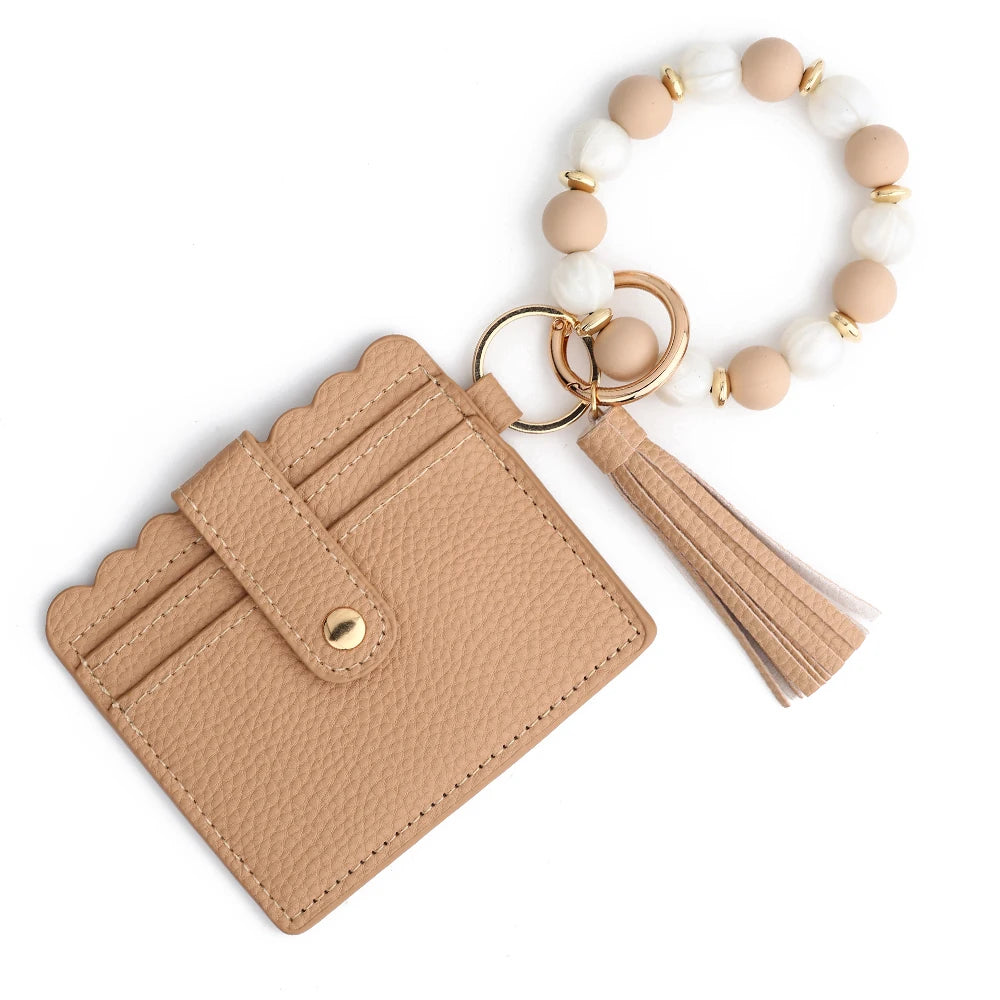 Hemasa Silicone Bead Bracelet  Leather Card Bag Wristlet Keychain Silicone Beaded Bracelet Leather Tassel Wallet Bangle