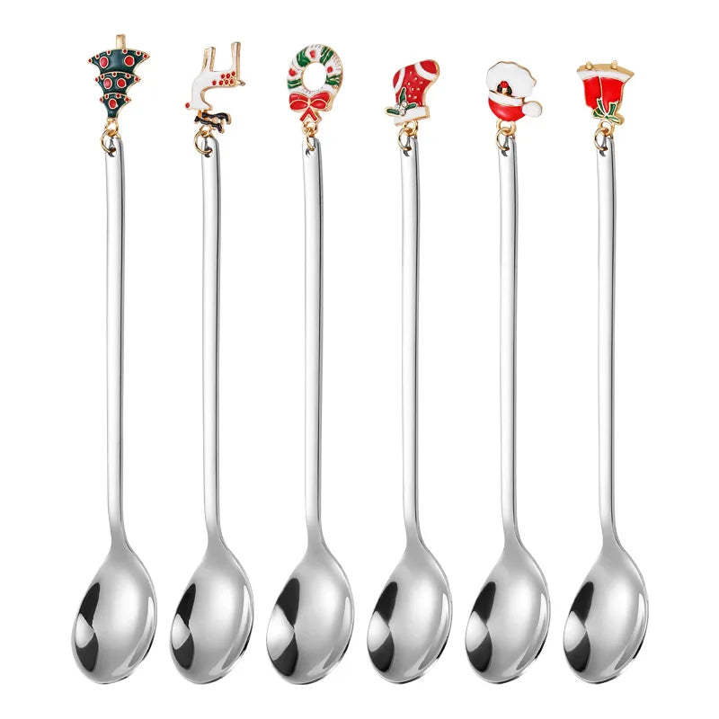 6PCS Christmas Spoons Coffee Cutlery Set Stainless Steel Cutlery Set Dessert Spoon Forks Christmas Gifts Elk Christmas Decoratio