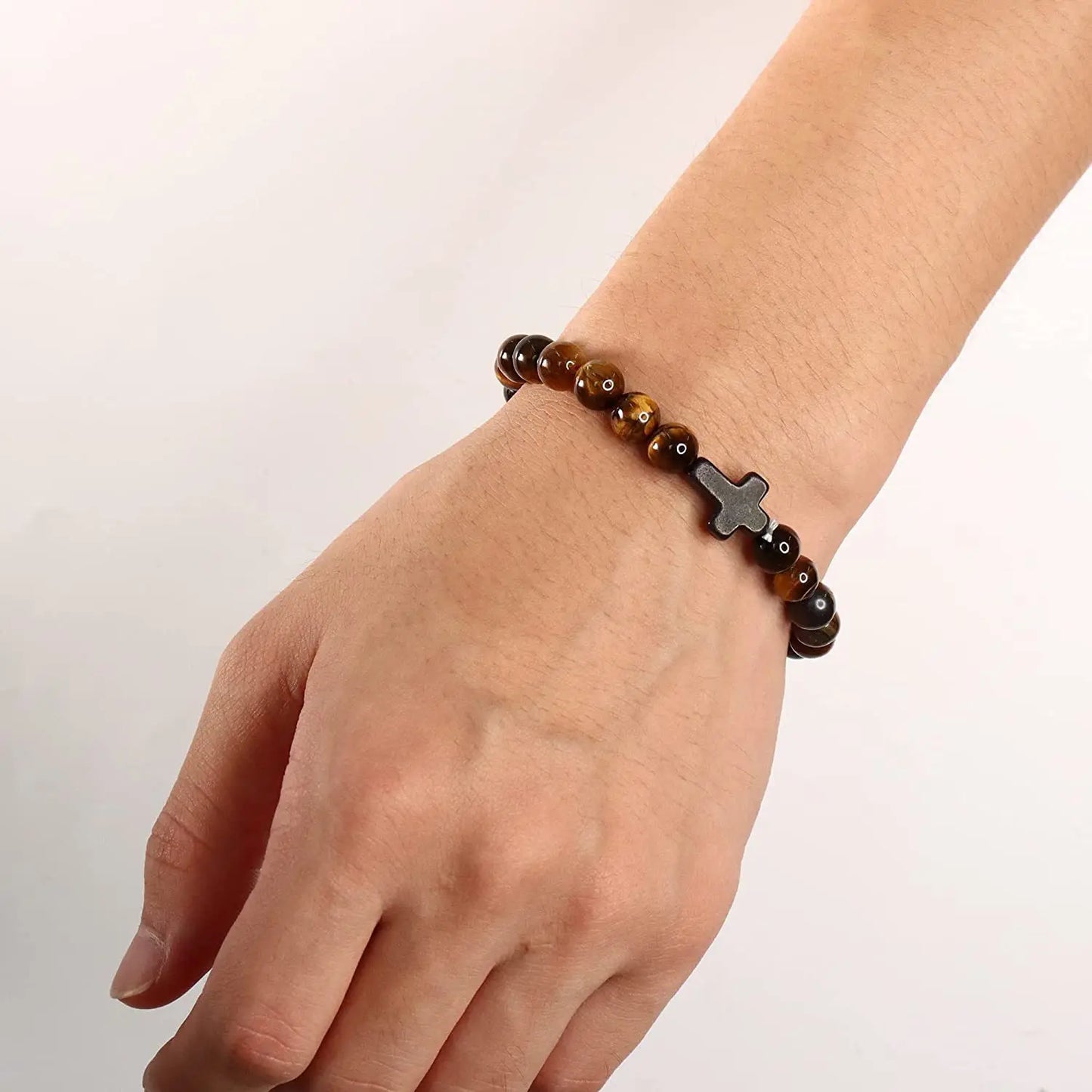 Hemasa Natural Stone Bead Cross Bracelet Onyx Meditation Bracelet