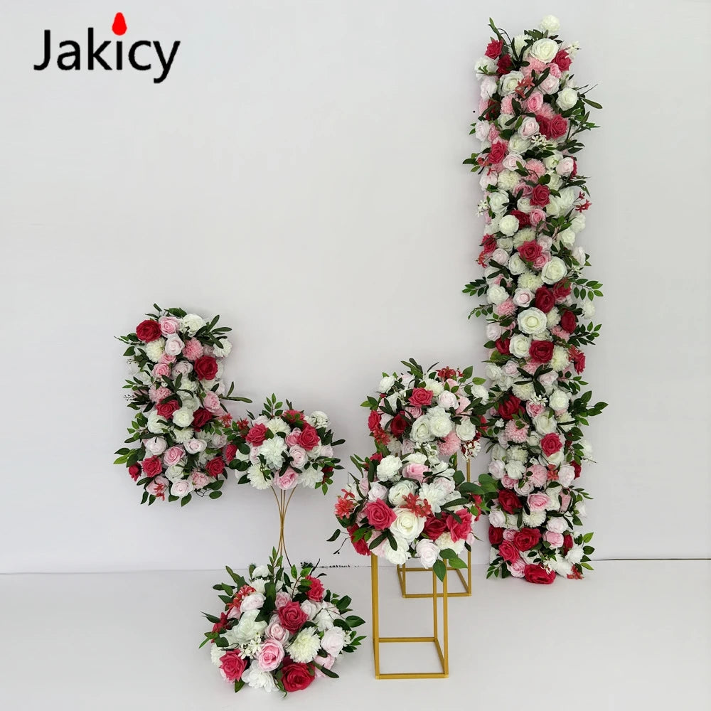 Pink White Series Artificial Flower Strip Wedding Table Runner Floral Arrangement Wedding Backdrop Decor Prop Arch Flower String