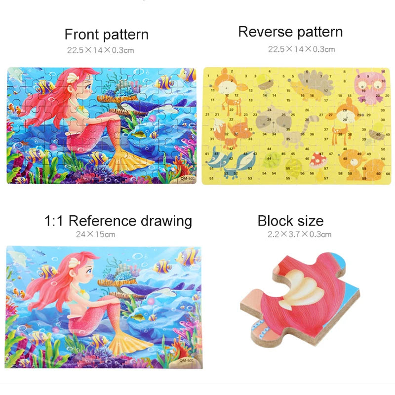 Hemasa Puzzles for kids wooden Puzzle Toy Cartoon Animals  Mermaid Princess Education Montessori Gift for Children