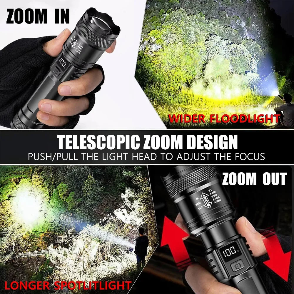 Hemasa LED Flashlight USB Rechargeable Torch with Display Zoomable Light with Battery Camping Hiking Lantern Emergency Lamp