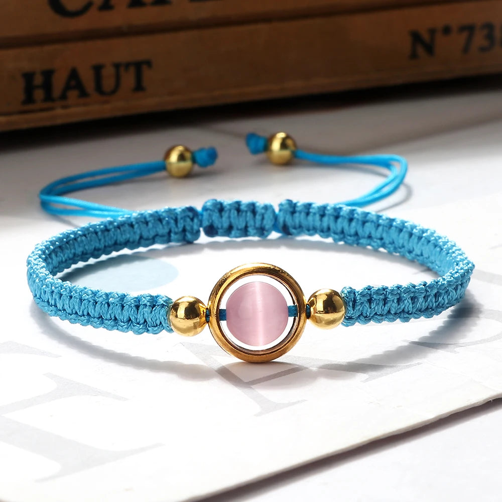 Pink Cat Eye Stone Beads Braided Bracelet For Women Red Thread String Bracelet Men Lucky Handmade Weave Rope Bangle Jewelry Gift