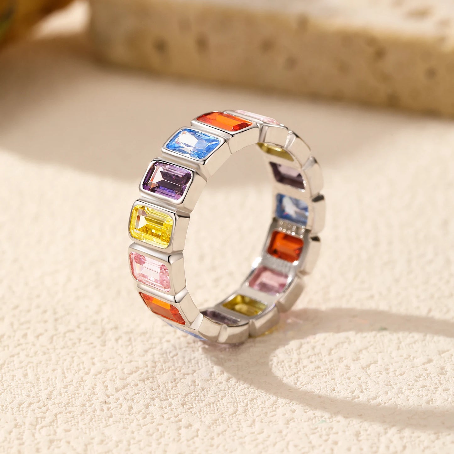 MODIAN 925 Sterling Silver Luxury Sweet Rectangle Colorful CZ Eternity Band Ring For Women Party Stackable Fine Jewelry