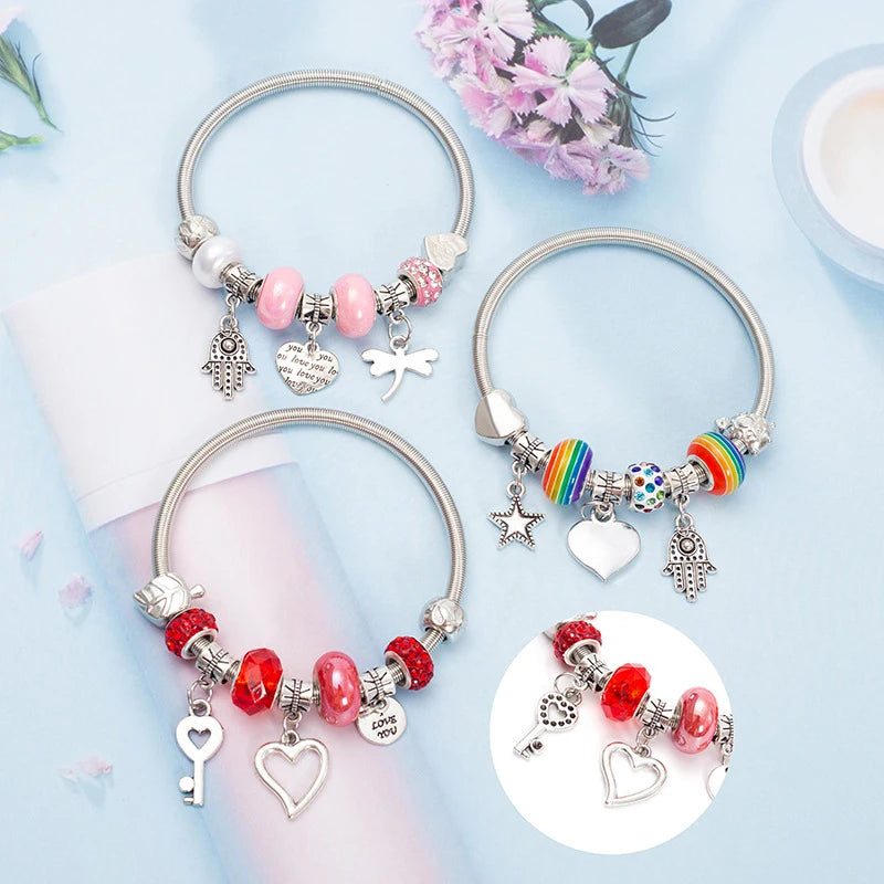 Fashion Simple Pandora Glazed Gem Beads Key Lock Love Hanging Bracelet Light Luxury Vintage Bangle For Women Jewelry Gift