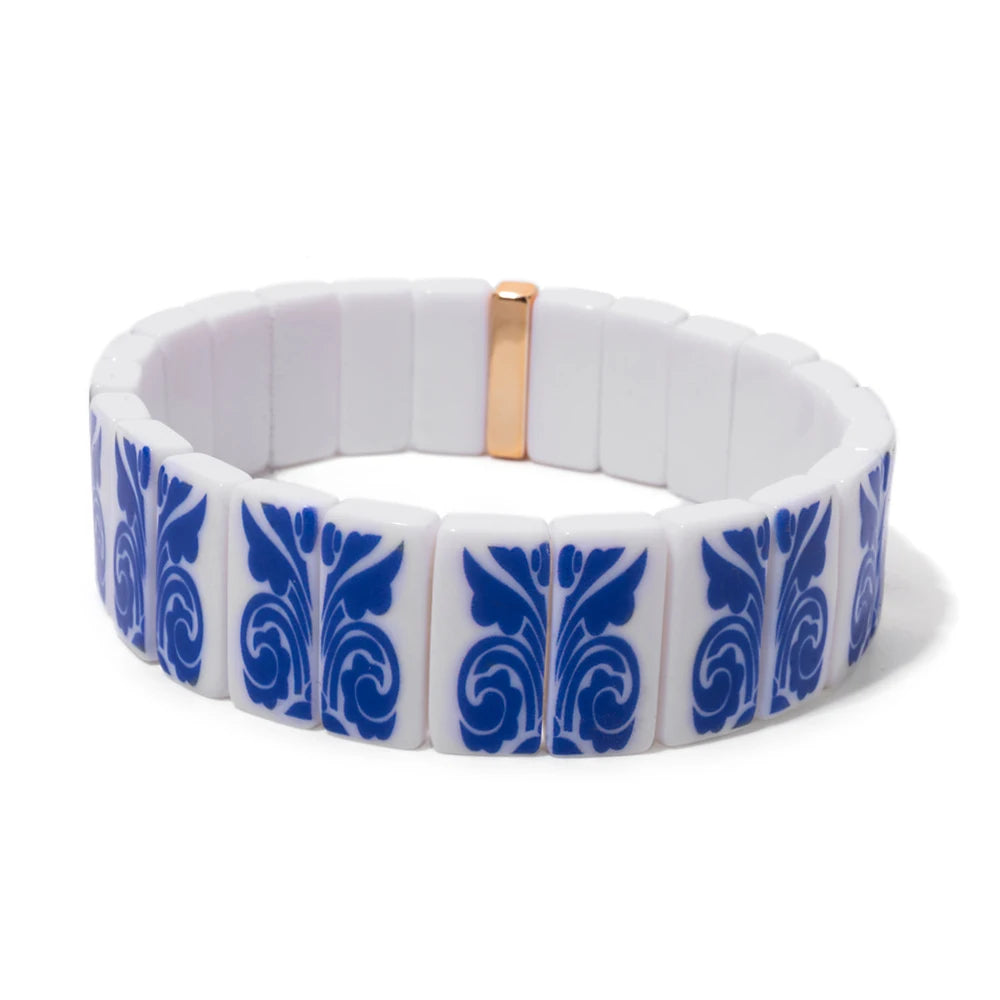 8x16mm Plastc Chinese Blue and White Porcelain Texture Beaded Bracelets For Women Handmade Spring Hand Accessory