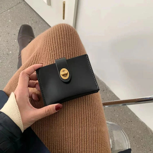 Chic Korea Solid Color Card Holder Vintage Casual Women Wallet PU Leather Female Purse Money Clip Wallet Ins Lady Coin Purse
