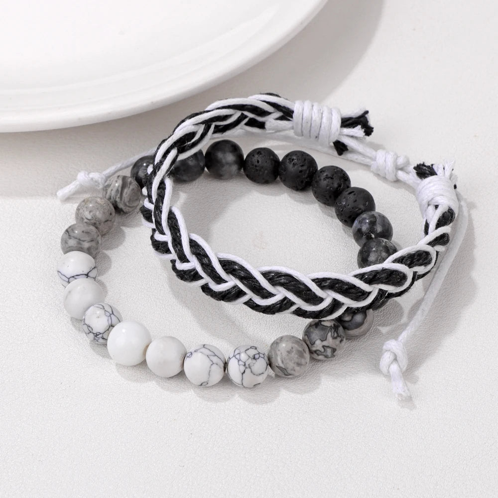Tejesa 2pcs/set Boho Handmade Braided Rope Bracelet Natural Stone Lava Volcanic Beads Charm Bracelets Set Jewelry for Men Women Gift