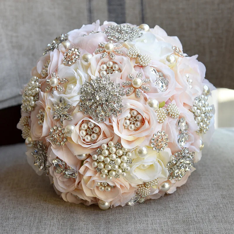 Tejesa Fancy 9.8in Bridal Wedding Bouquet with Crystal Pearl Artificial Silk Rose Flower Bouquet for Bride Wedding