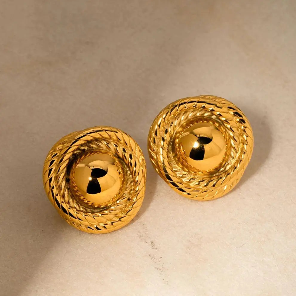 Hemasa 18k Gold Color Stainless Steel Thread Texture Tound Earrings