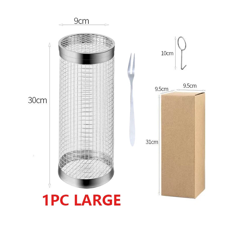 BBQ Grill Basket Stainless Steel Rolling Grilling Baskets for Ideal for Cooking Meat French Fries Vegetables on Outdoor Barbecue