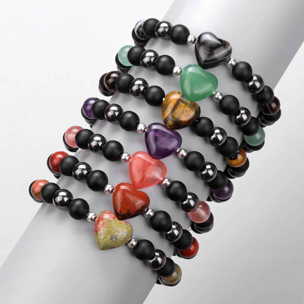 8mm Natural Stone Bracelet Love Heart Shape Tiger Eye Agates Quartz Beads Charm Bracelet for Women Men Fashion Jewelry Gift