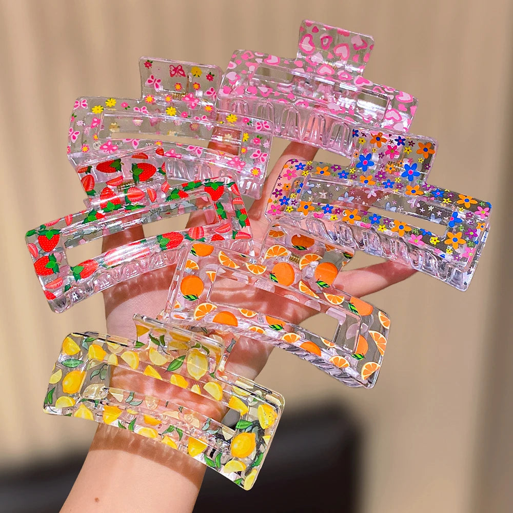 6 square fruit printed hair claws for women, simple and elegant, suitable for daily travel