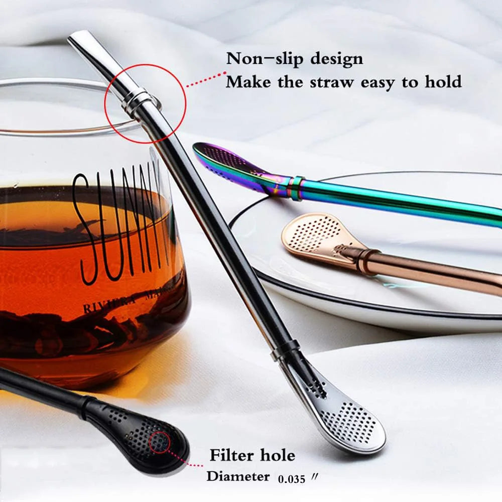 1-10Pcs 304 Stainless Steel Drinking Straw Spoon Tea Filter Reusable Bombilla Gourd Cocktail Straw Spoon Coffee Bar Accessory