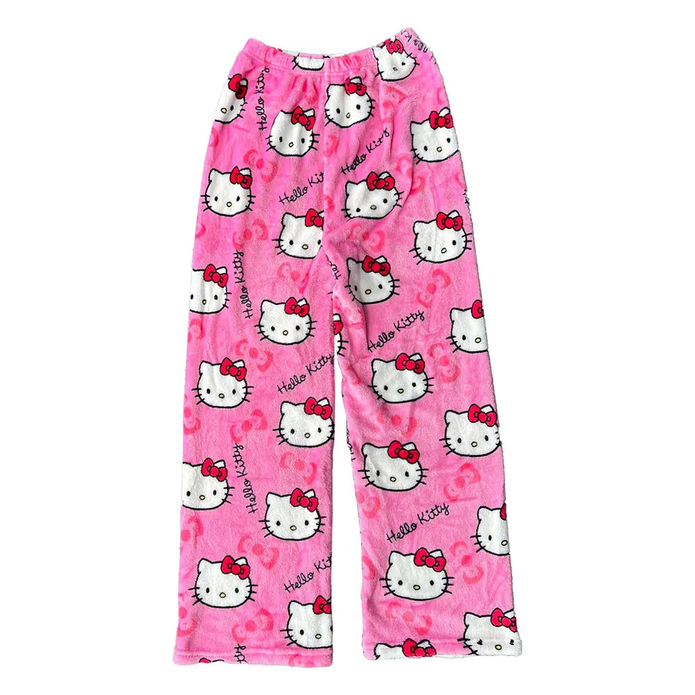 Hemasa  Hello Kitty Flannel Pajamas Black Women'S Warm Woolen Cartoon Casual Home Pants In Autumn Winter Fashion Trousers