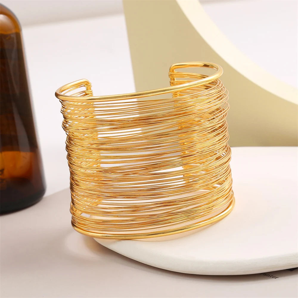 Hemasa  Hyperbolic Layered Gold Plated Wide Wire Bracelet Cuff Bangle for Women