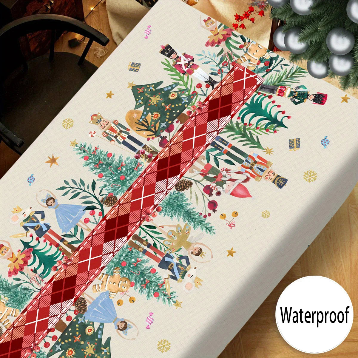 Tejesa Christmas Holly Waterproof Tablecloth Holiday Party Decor Reusable Xmas Rectangle Table Cloth Dining Room Table Decor