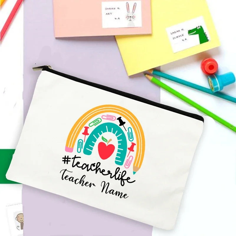 Rainbow Teacher Print Custom Name Personalized Supplies Storage Bags Travel Wash Pouch Makeup Bag Gifts Stationery Pencil Case