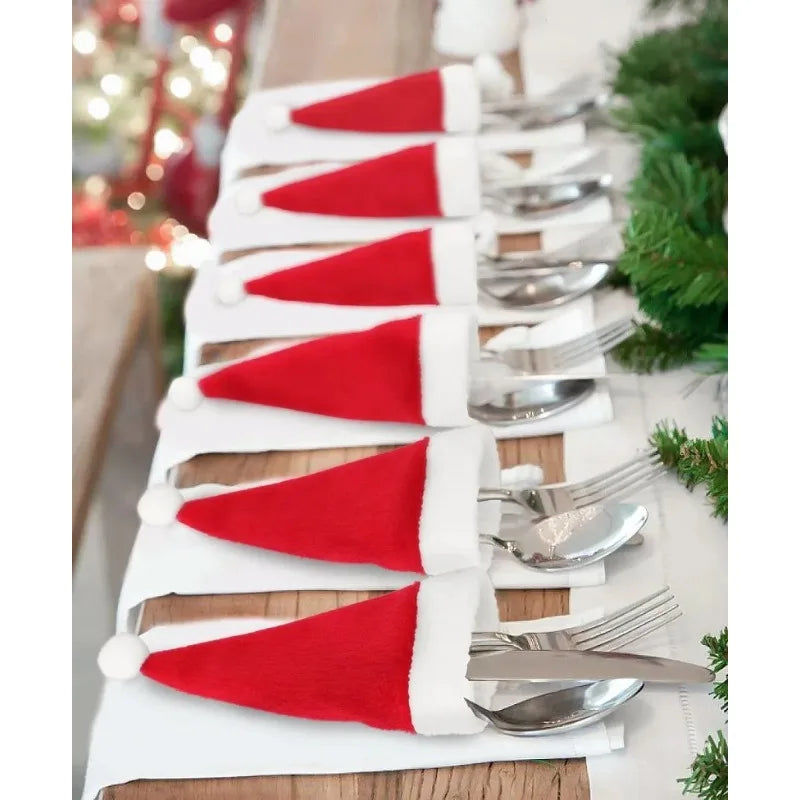Hemasa Merry Christmas Tableware Bag Holder Christmas Hat Fork Knife Cutlery Bag Christmas Decorations for Home