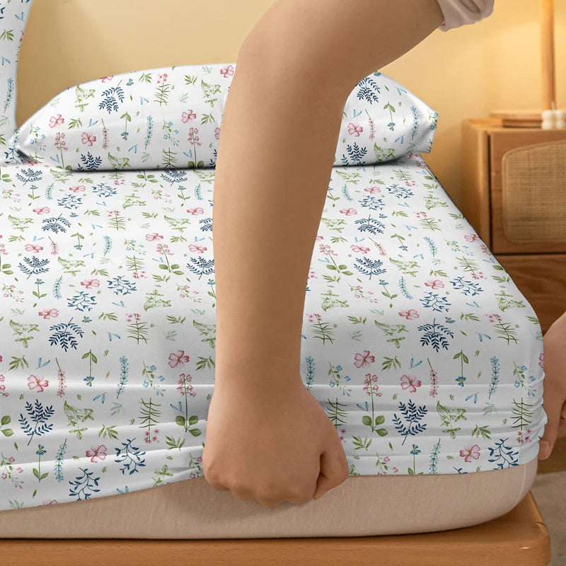 Hemasa White  modern Plant Flower printed matte Fitted Sheet, bedroom printed bed cover, bedding (excluding pillowcases)