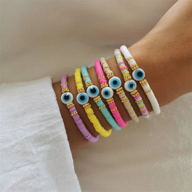 Hemasa  Multi-color Polymer Clay Heishi  Turkish Evil Eye Bracelets for Women