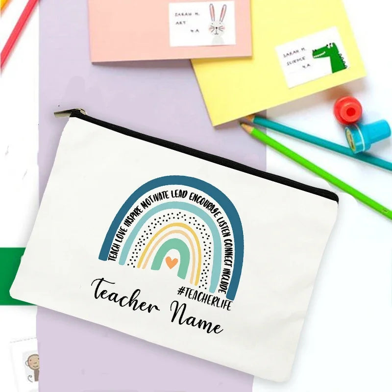 Rainbow Teacher Print Custom Name Personalized Supplies Storage Bags Travel Wash Pouch Makeup Bag Gifts Stationery Pencil Case
