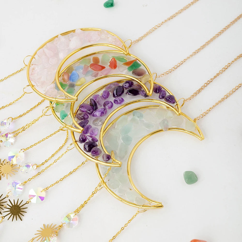 1pc Natural Crystal Gravels Moon Sun Catcher Wind Chime  Energy Quartz Crystal Crafts Christmas Home Decoration Gifts