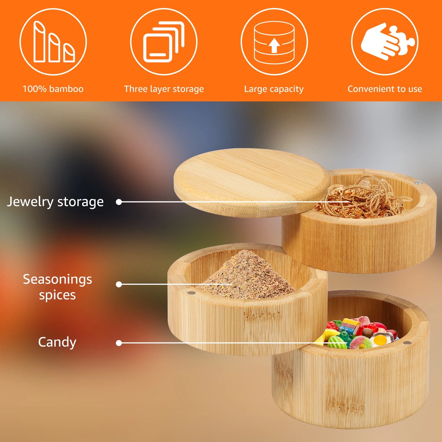 Tejesa 3Tier Salt Box Spice Jar Kitchen Seasoning Jar Bamboo Pepper Container Jar with Magnetic Lid Candy Earring Jewelry Salt Storage