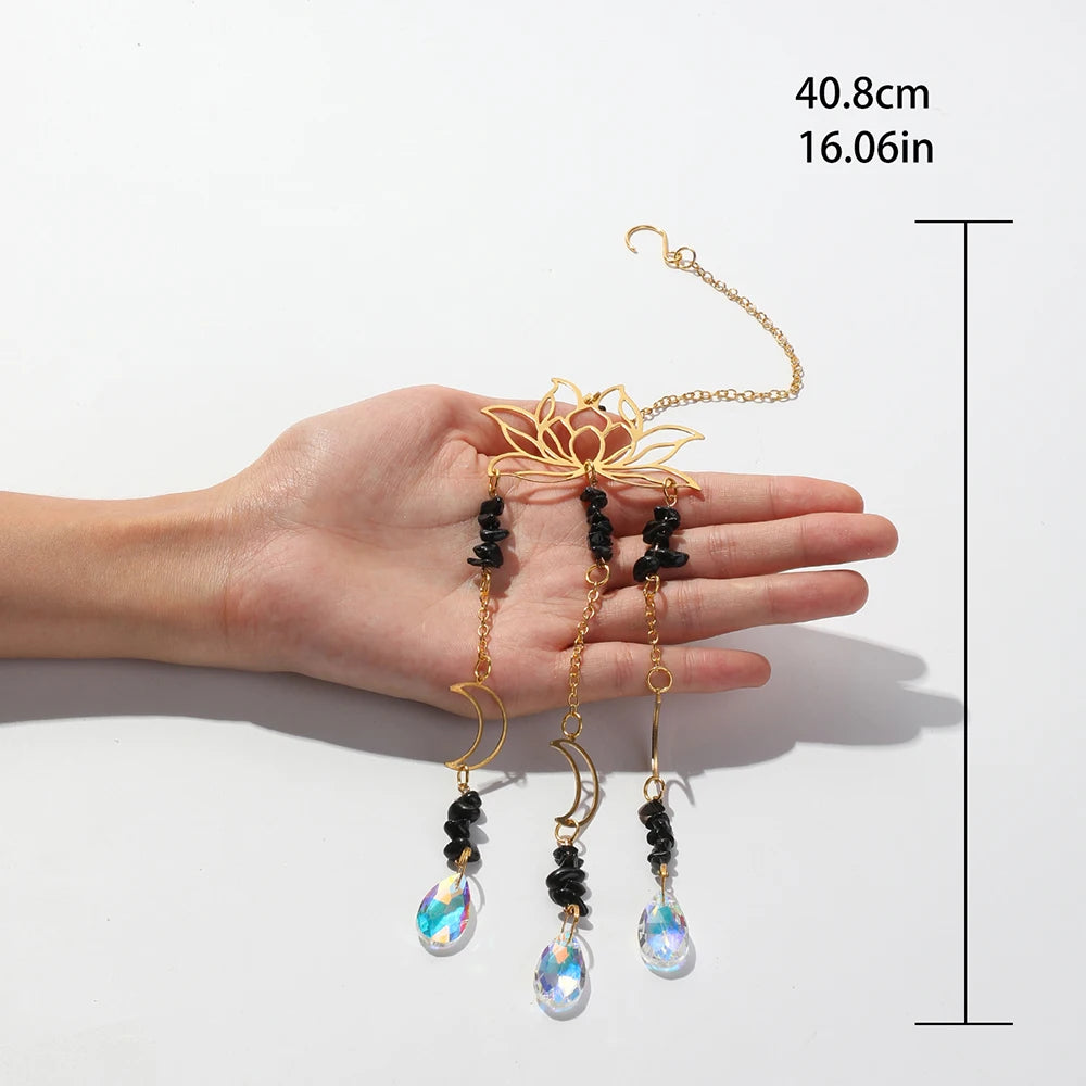 Hemasa Crystal Suncatcher Lotus Moon Black Stone Hanging Window Decor Stained Glass Rainbow Maker Boho Home Decoration