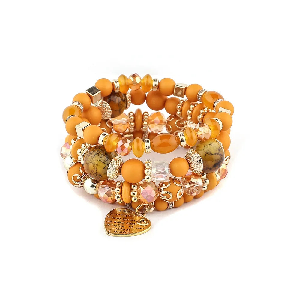 4Pcs Boho Crystal Beads Chain Bracelet Set For Women Vintage Heart Charm Elastic Bangle Female Fashion Party Jewelry