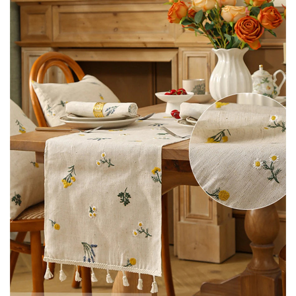 Tejesa Embroidery Tassel Table Runner,Cotton Linen Thicken Fabric ,Kitchen Dining Room coffee Table Restaurant Decor Supplies