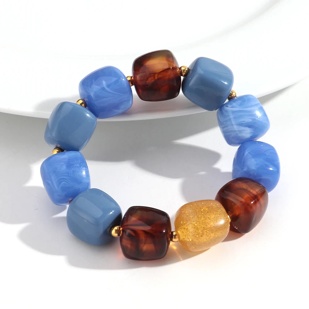 New Multicolor Acrylic Geometric Bead Bracelet for Women Trendy Resin Irregular Square Elastic Bracelets Handmade Jewelry Gift