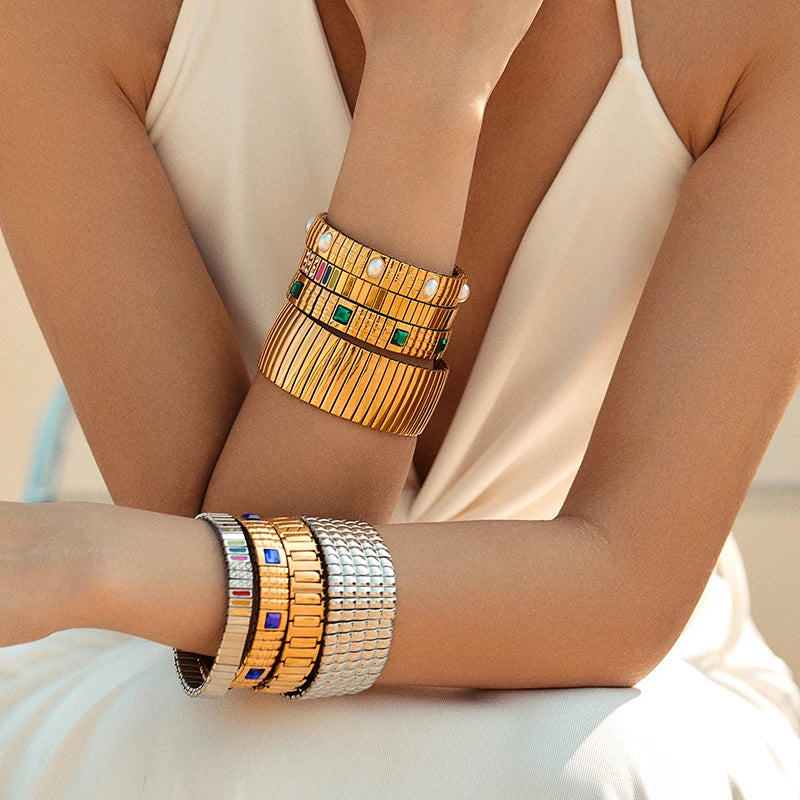 Tejesa  Stainless Steel Gold Plated  Pearl Elastic Bracelet Women /Girls