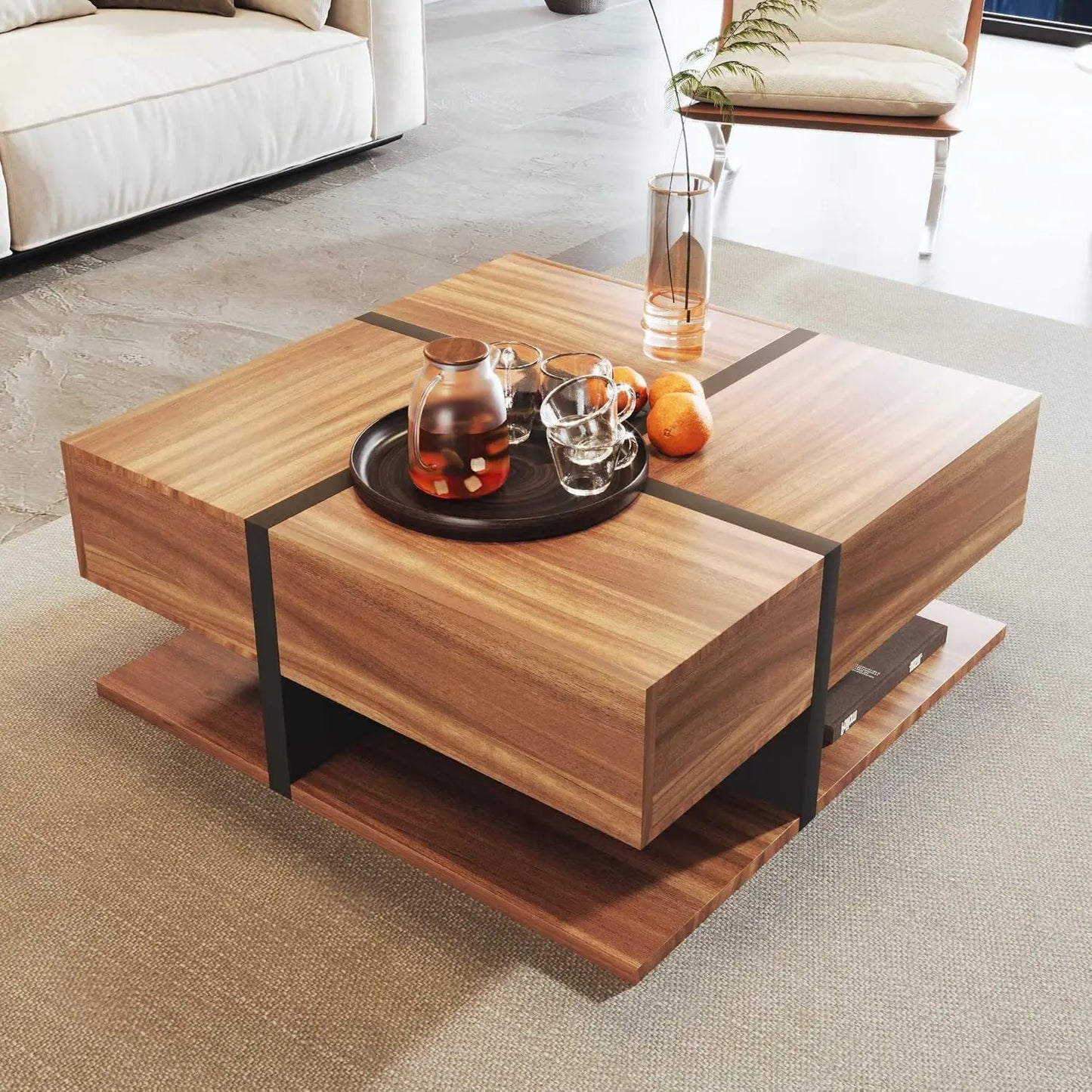 Coffee Table with 4 Drawers Unique Color Matching and Line Design Storage Space at the Bottom 78 * 78 * 36cm (White)