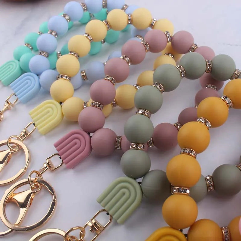 Hemasa Rainbow Bracelet Pendant Keychain Food Grade Silicone Bead Keyring/ Lobster Clasp Women Schoolbag/ Car Key Chain Jewelry