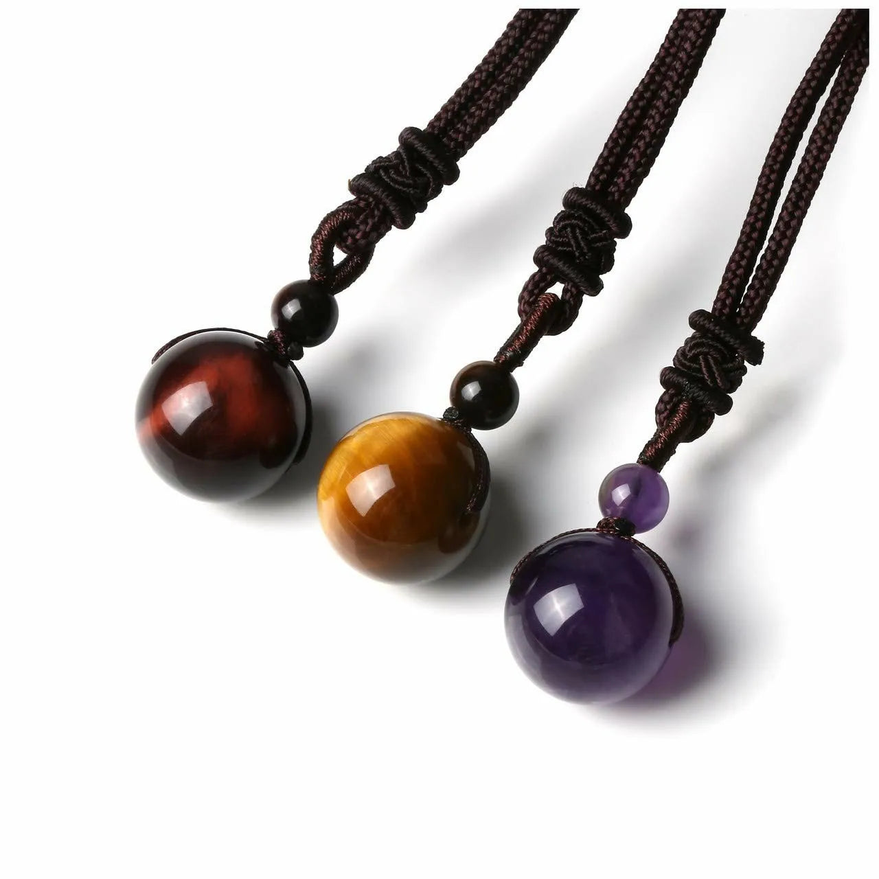 Hemasa 16mm Black Obsidian Tiger Eyes Amethyst Stone Women Men Necklaces with Adjustable Braided Rope Cords Natural Crystal Pendant