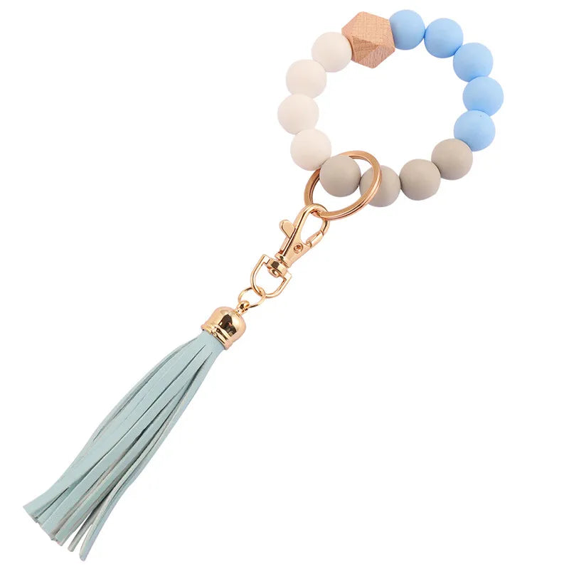 Hemasa  Silicone Wood Beads Keychain Keyring For Women Wristlet Bracelet Pendant Keychain With Jewelry Accessories