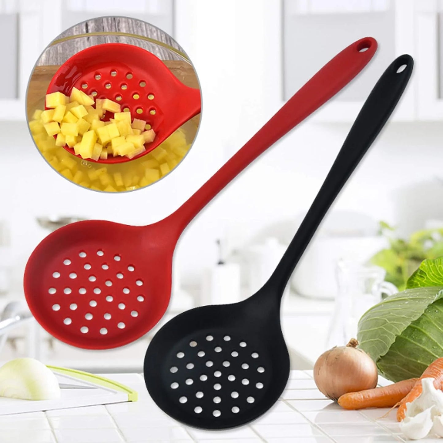 Hemasa 2PCs Silicone Skimmer Spoon Non-Stick Cooking Slotted Colander Spoon Skimmer Strainer Kitchen Sink Ladle Strainer Silicone Filter