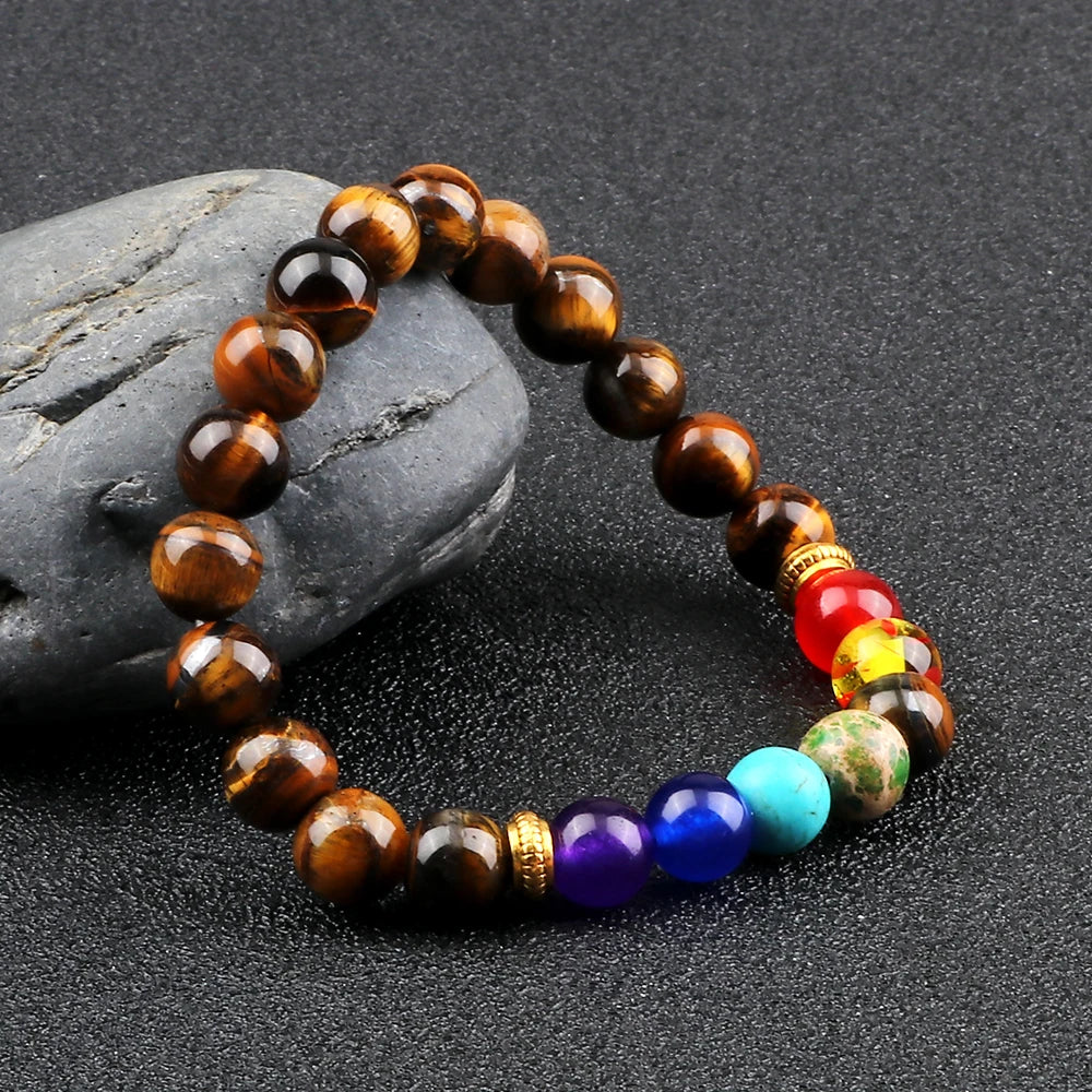 Hemasa 7Chakra Beaded Bracelets Natural Tiger Eye Stone Black Lava Yoga Healing Bracelet for Women Men Meditation Bangles Jewelry Gift
