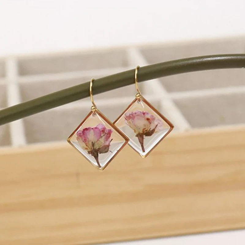 Unique Geometric Earrings With Flower Women Elegant Natural Pressed Flower Earring Statement Jewelry Wholesale Floral Earring